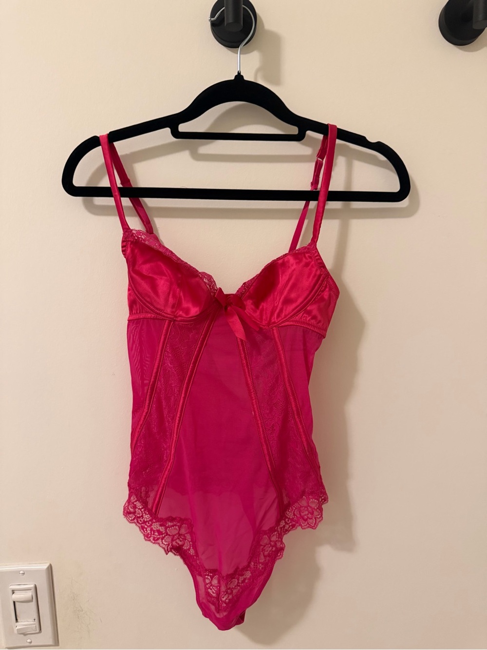 Hot Pink Lace-Trim Sheer Bodysuit - Women Intimates